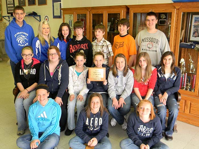 Members of the Jamestown Junior High Math Contest Team who took first place at the CCAA Junior High Math Contest March 14 at Higbee; front row, from left, are Seventh Grade Math contestants Mackenzie Strother (who placed first), Mickayla Strother (who placed second) and Darian Wolfe; middle row, Seventh Grade Math contestants Morgan Angle (who placed tenth), Erica Crider, Alexis Muri (who placed third), Alli Muri, Jordan Oerly, Regan Russell and Emily Scheperle; back row, Pre-Algebra/Junior High Math contestants Trevor Barbour (who placed eighth), Stephanie Birkmann (who placed first), Abigail Couch, Andrew Couch, Alex Gerlach (who placed ninth), Garrett Jones and Andrew Nott (who placed fifth).