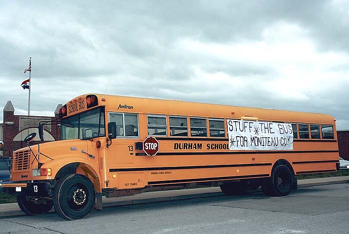 Durham School Services provided a bus which has been parked in front of California Elementary School since Monday morning, and will remain there through Friday, to be filled with donated food items for Moniteau County and the CES Buddy Pack Program. All are encourage to stop by with a donation to help 'Stuff the Bus'.