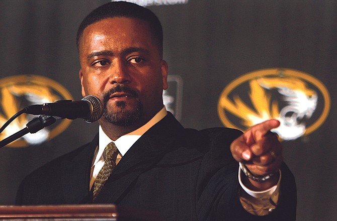 Frank Haith answers questions as he is introduced as the new men's head basketball coach at the University of Missouri during a news conference Tuesday at Mizzou Arena.