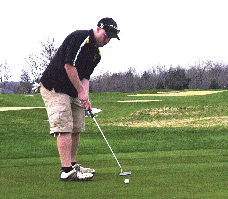 Ryan Boland/FULTON SUN photo: Fulton senior Jordan Kelley tries to roll in a putt on No. 2 during Thursday's triangular meet with New Bloomfield and Linn at Tanglewood Golf Course. Kelley finished with a 42 as the Hornets took second place with a 173. Linn finished first with a 168, while New Bloomfield was third with a 225.