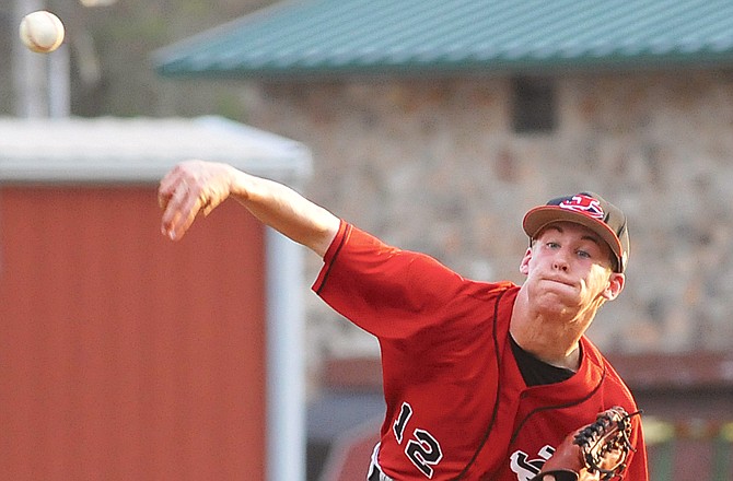 Jefferson City's Connor Arcobasso releases a pitch during the Jays' loss to Eureka on Friday at Vivion Field.