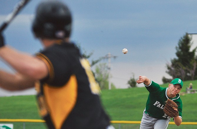 Blair Oaks pitcher Jacob Koelling throws to the plate during Monday's game against the Fulton Hornets at the Falcon Athletic Complex in Wardsville.