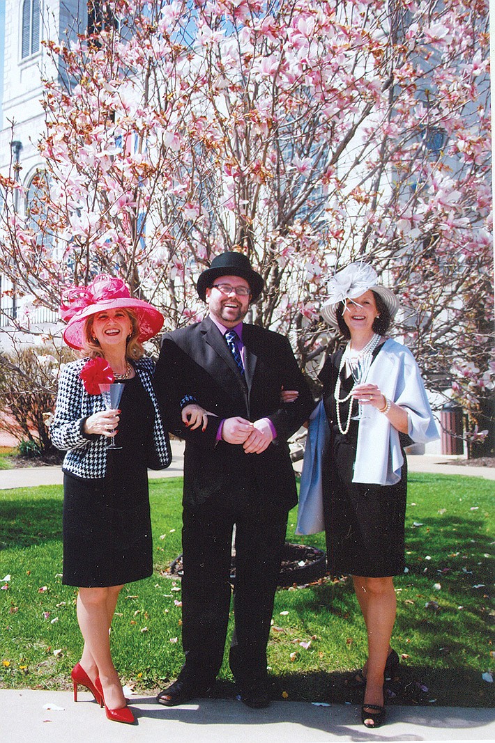 Contributed photo: (Left) Debbie LaRue, Jody Paschal and Mary Harrison, all members of the Mid-Missouri Friends of the National Churchill Museum, sport hats in front of the museum. The group encourages guests to the Royal Wedding Celebration on April 29 to wear hats and wedding attire.