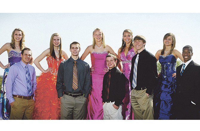 Blair Oaks prom escorts, from left, are Kenny Weith, King Brandon Moore, Zac Stockman, Daniel McCarty and Spencer Jamerson. The queen court is, from left, Keely Alexander, Bethany Strohl, Queen Margaret Dorge, Jessica Fennewald and Kelsey Heckman.