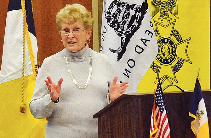 In this April 16, 2011 photo, Lorraine Adkins is seen addressing the crowd as the guest speaker at the Christopher Casey Sons of the Revolution Chapter at the NH Scheppers Distributing Clydesdale Room. She was given the Patriots Day Award at the event.