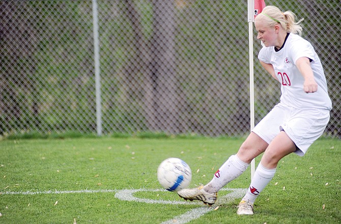 Corrine Mullarkey of the Lady Jays boots a corner kick during Tuesday's game against the Kewpies at the 179 Soccer Park.