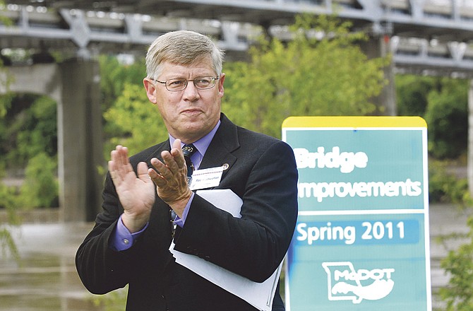 Roger Schwartze, central district engineer for MoDOT, is shown at the groundbreaking ceremony for the pedestrian/bicycle attachment built on the northbound Missouri River bridge. Schwartze is retiring after 34 years with the department. 