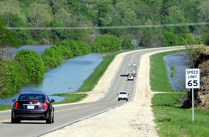 Gasconade River waters approach the road bed Thursday morning on a stretch of U.S. 63 just south of the Roy Bassett Memorial Bridge in Maries County.