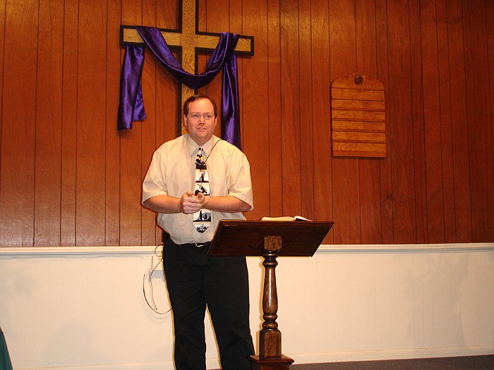 John Gross, pastor at Payson Southern Baptist Church, Payson, Ill., speaks at the Mt. Moriah Baptist Church Revival held April 29-May 1.