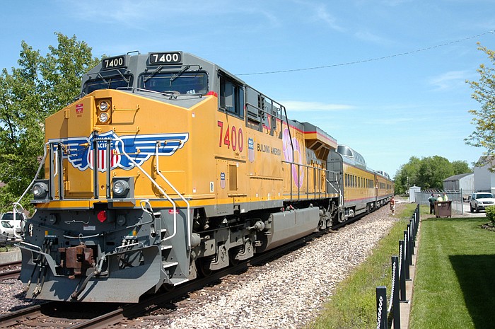 A Union Pacific heritage train with vintage passenger cars in California on a rail and rail crossing safety promotion tour on Friday, April 29.