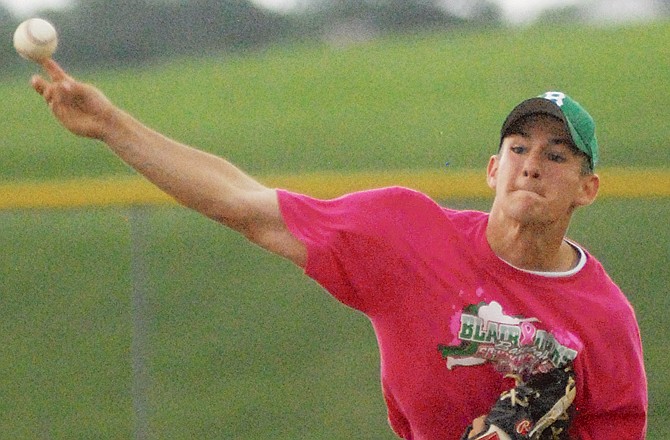 Blair Oaks' Brian Patten works to the plate during Thursday's game against Eugene in Wardsville.