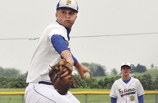 
Fatima starter Ethan Wiliams prepares to deliver during Saturday's district game against Fulton at the Falcon Atheletic Complex in Wardsville. 