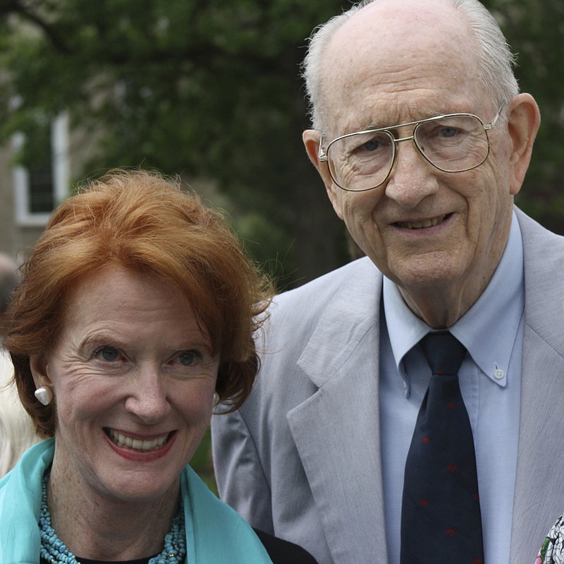 Robert Hawkins, 89, a retired Jefferson City attorney, recalls attending Sir Winston Churchill's famed "Sinews of Peace" speech in 1946. With him Friday in Fulton at the dedication of a Churchill sculpture is Edwina Sandys, Churchill's granddaughter. 