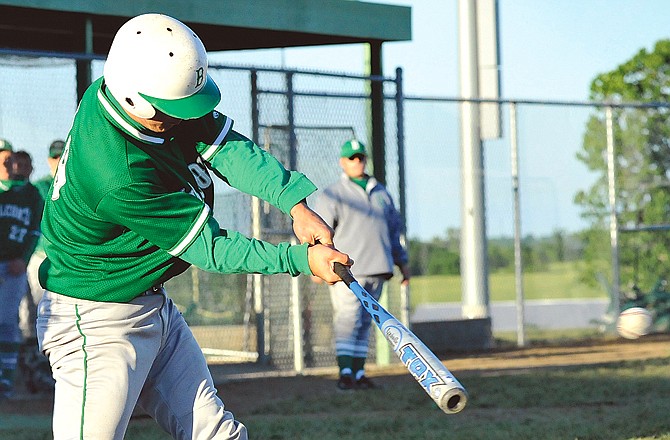 Daniel Castillo of Blair Oaks swings at a pitch during Monday night's Class 3 District 8 semifinal game against North Callaway at the Falcon Athletic Complex in Wardsville.