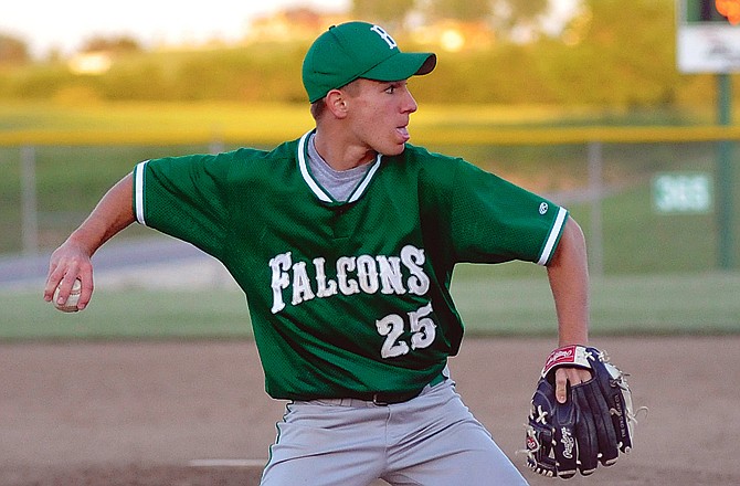 Brian Patten, shown throwing to first for an out during Monday's win over North Callaway, and the rest of the Blair Oaks Falcons will take on St. Francis Borgia for the Class 3 District 8 championship tonight.
