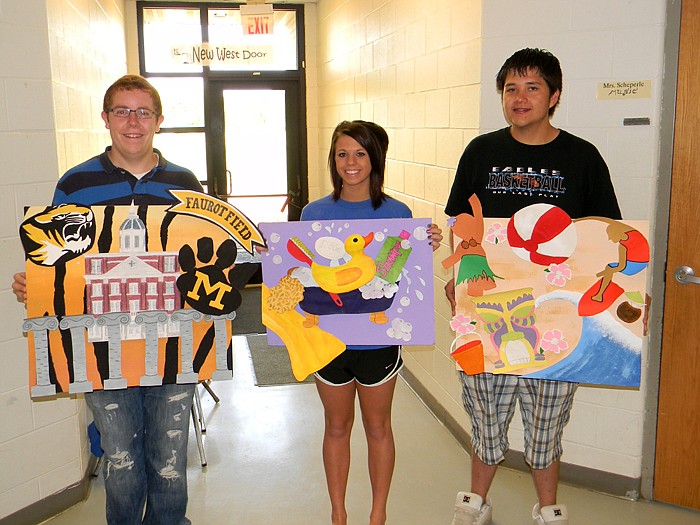 Students who created 3-D Paintings in Mischelle Gibson's art class; from left, are Jacob Ennis, Hallie Cassil and Antoine LaFramboise.