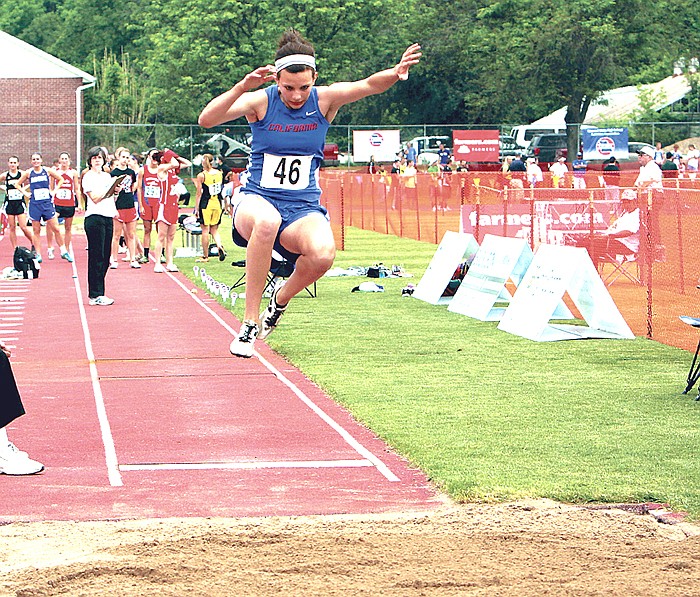 California High School freshman Sydney Deeken competes in the Girls Long Jump event at the Class 2 State Track and Field Championships Friday, May 20, at Dwight T. Reed Stadium, Jefferson City. Deeken earned All-State honors in three of four events, including the Long Jump, and won the state championship in the High Jump event.