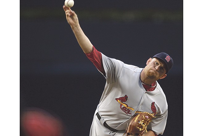 St. Louis Cardinals starting pitcher Kyle McClellan works against the San Diego Padres in the first inning of a baseball game Tuesday, May 24, 2011, in San Diego.