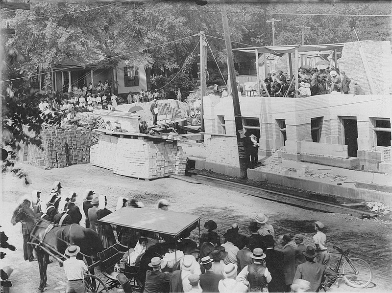 A celebration commences in front of First Christian Church on Court Street 100 years ago when its cornerstone was laid. The event took place May 29, 1911.