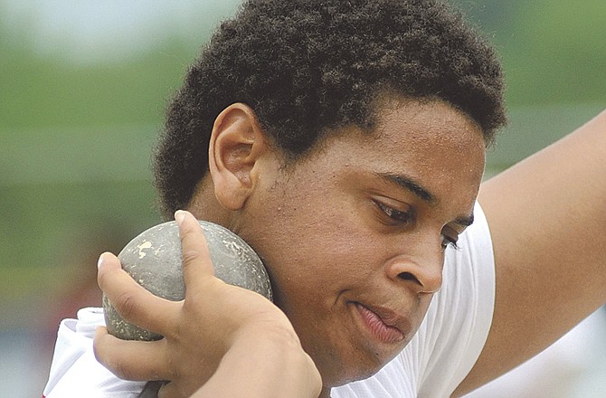 Hampton Mayson (above) of the Jays gets ready to make an attempt in the Class 4 boys shot put Saturday at Dwight T. Reed Stadium.