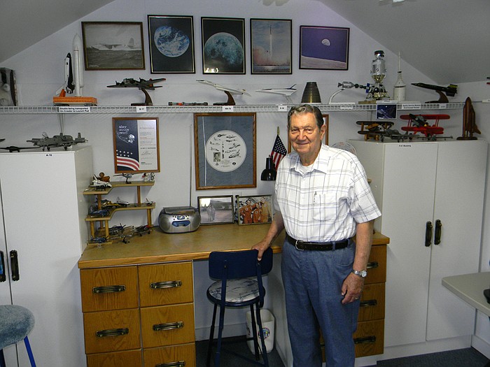 Retired Aeronautical Engineer LeRoy Schneider in the shop which holds memorabilia from his career in design and mechanics which spanned close to 40 years.