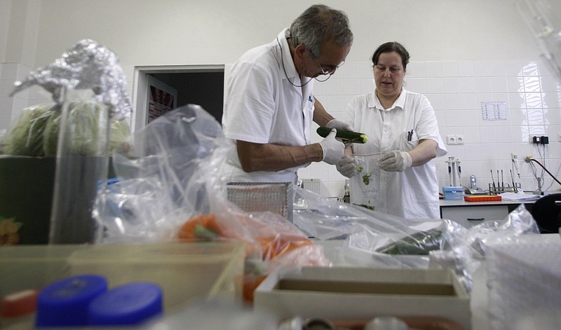 Pavel Alexa (left) and his assistant Gabriela Glocknerova, take samples from a cucumber Wednesday for E. coli research at the Brno Research Institute in Brno, Czech Republic.