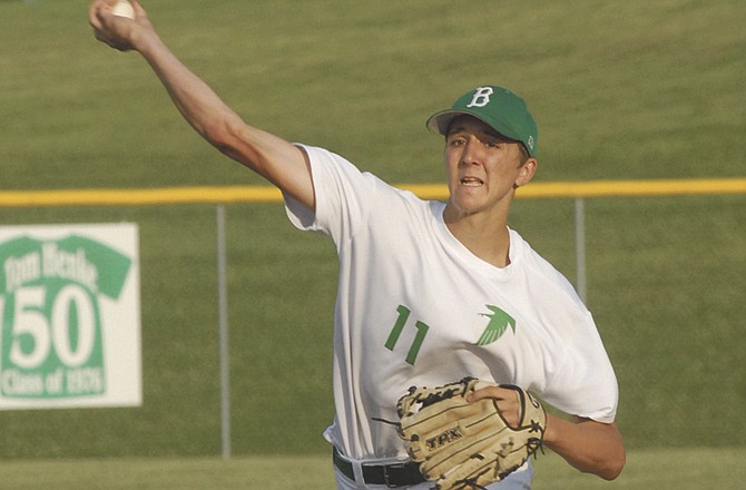 Nick LeCure of Post 5 (top) and Adam Bax of Blair Oaks were the Game 1 starters Tuesday in Wardsville, Mo.