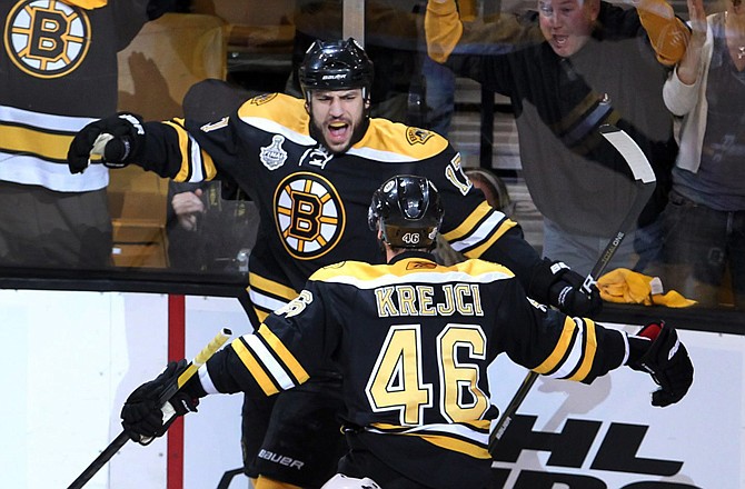 Boston's Milan Lucic, top, celebrates with David Krejci after scoring a goal during Game 6 of the Stanley Cup Final in Boston.