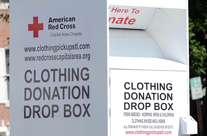 This is one the new Red Cross clothing donation boxes placed around Jefferson CIty. This one is located on the parking lot across from the Red Cross office on East McCarty Street, near the city's recycle bins.