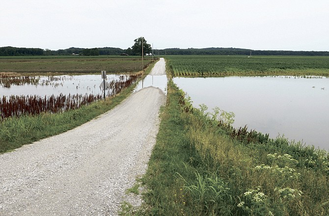 Water seepage in the Hartsburg River bottom is evident and already over the road in low-lying areas near the levy. If river water tops or breaches the levy, this area could be under several feet of muddy river water. The flood of 1993 left the bottoms covered in several inches of fine sand which had to be removed before planting could resume.