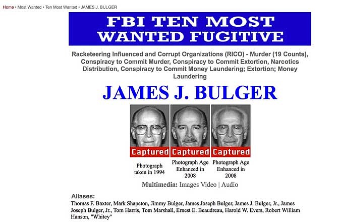 This image provided by the FBI shows the Ten Most Wanted Poster page for Whitey Bulger listing Bulger as captured shortly after it was announced he had been captured near Los Angeles Wednesday June 22, 2011. Bulger, a notorious Boston gangster on the FBI's "Ten Most Wanted" list for his alleged role in 19 murders, has been captured near Los Angeles after living on the run for 16 years, authorities said Wednesday.