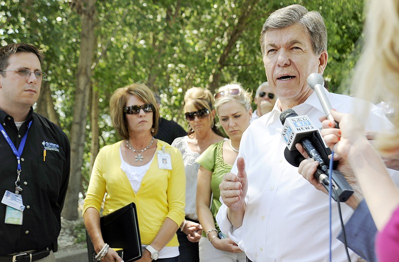 U.S. Sen. Roy Blunt, R-Mo., talks with reporters during a news conference Friday afternoon at the Carl Noren Missouri River access in Cedar City. Blunt says the Army Corps of Engineers is following a flawed plan.