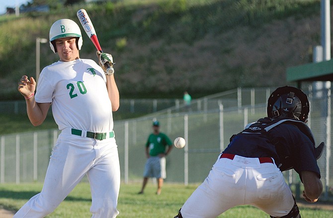 Kyler Maxey of Blair Oaks gets hit by a pitch in the bottom of the fourth inning of Tuesday's game against Rolla at the Falcon Athletic Complex.