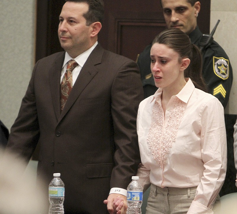 Casey Anthony holds hands with her defense attorney, Jose Baez, as they listen to the verdict, not guiity on murder charges, at the Orange County Courthouse in Orlando, Fla., Tuesday, July 5, 2011. The jury acquitted Anthony of murdering her daughter, Caylee.