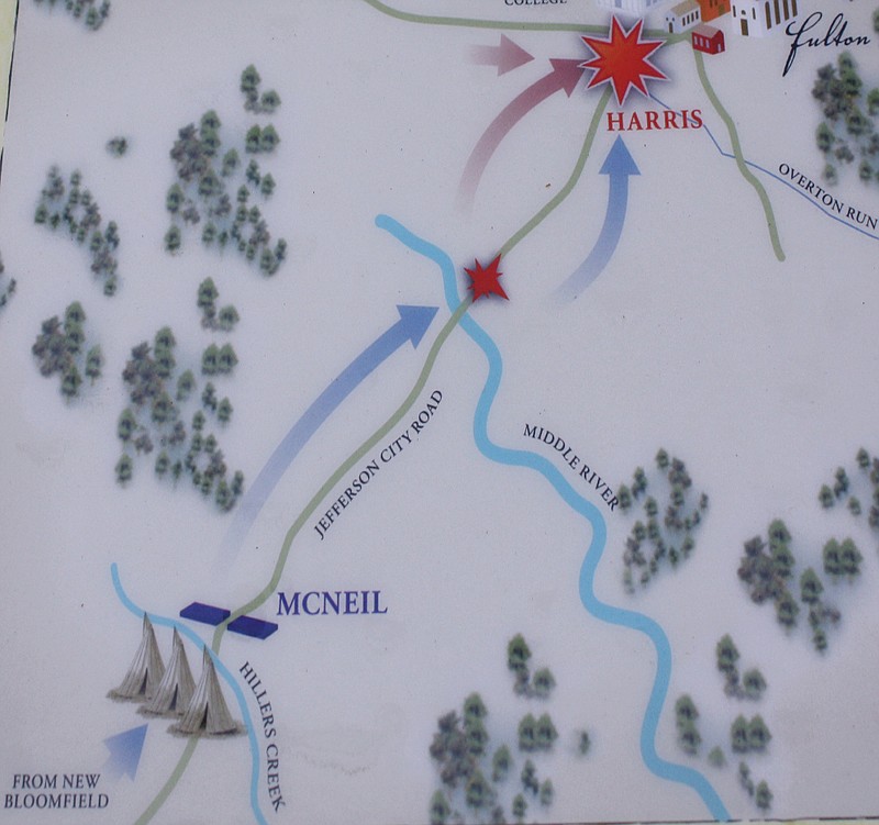 A map on a Civil War historic marker on the campus of Westminster College in Fulton depicts the Civil War encounter known as the Fight at Overton Run. Sunday is the 150th anniversary of the battle.