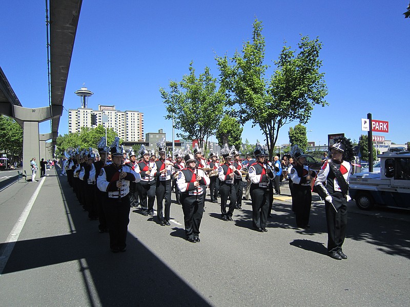 The Jefferson City High School band makes an appearance at the International Lions Convention parade in Seattle, wearing the old jay's band uniform.