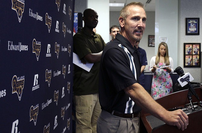 Rams head coach Steve Spagnuolo speaks during a news conference Tuesday at the team's training facility in St. Louis.