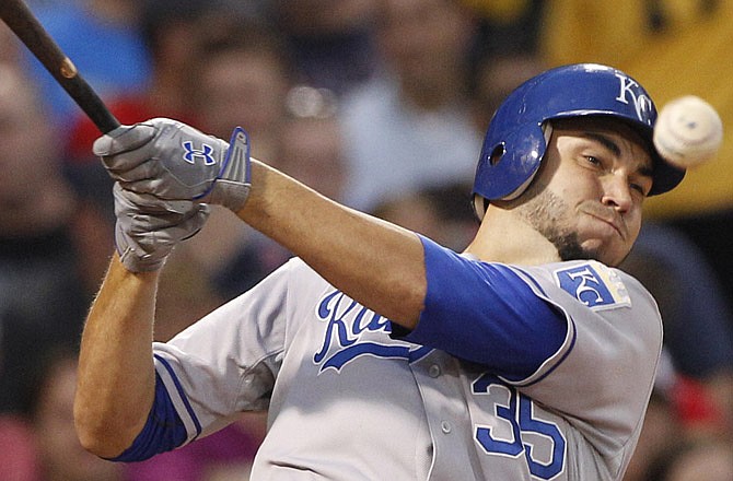 Royals first baseman Eric Hosmer fouls a ball off during Tuesday night's game against the Red Sox in Boston.
