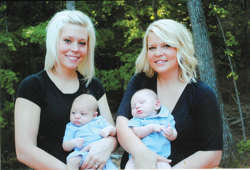 (Left) Jennifer Lubbers holds her son, Cooper Vollrath, next to her older sister, Kellie Smith, and her new baby, Brock Smith. The sisters delivered their boys on the same day.