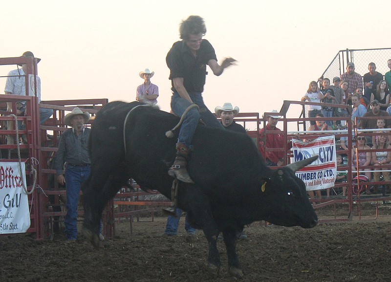 A bull rider competes during the rodeo held Saturday at the Kingdom of Callaway County Fair. Fair board members reported a good turnout for the rodeo this year.