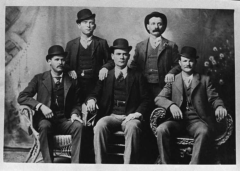 Shown here is the famous group portrait taken in Fort Worth, Texas shortly after Butch Cassidy and his gang robbed the Einnemucca, Nev., bank in 1900. They sent the photo to the bank with a thank you note. Shown are Bill Carver, top left, the Sundance Kid, bottom left, and Butch Cassidy, bottom right. The other two members of the gang are not identified.