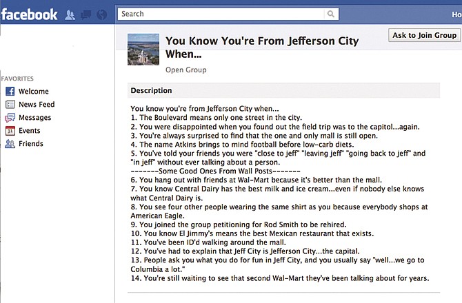 Shown is a screenshot of the Facebook group, "You Know You're From Jeff City, MO when..."