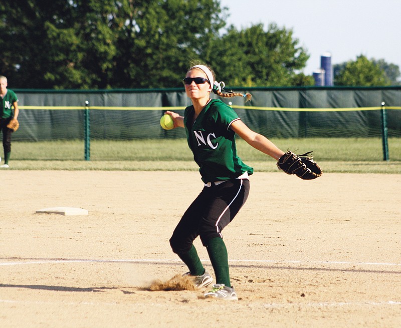 North Callaway sophomore starter Jaida Gray delivers a pitch in the second inning of the Ladybirds' 9-1 win over the Fulton Lady Hornets on Tuesday night at Auxvasse. Gray threw a complete game in her first start of the season, scattering five hits.