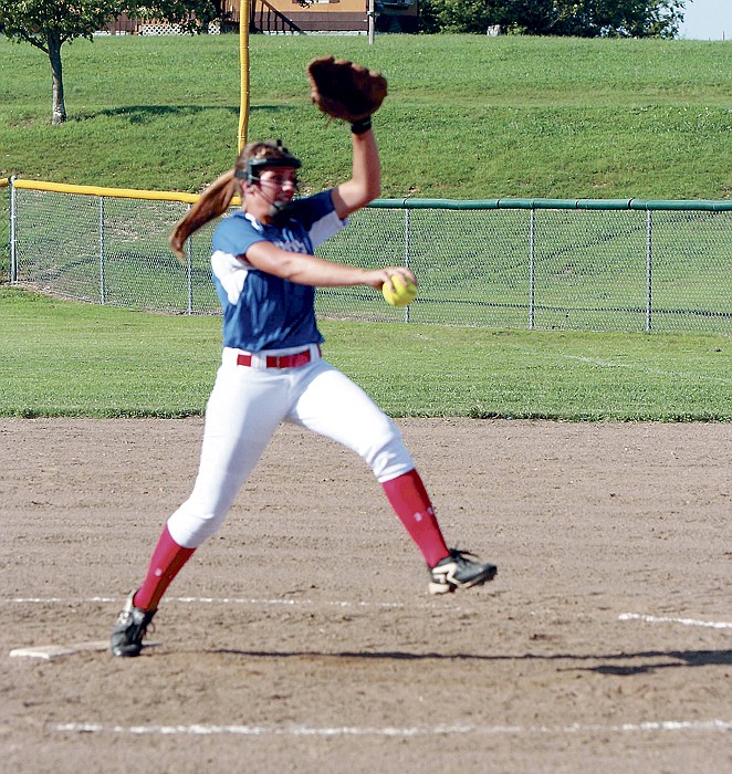 California's Elle Miller releases a pitch during the varsity softball game against Tipton Aug. 23 at the California Sports Complex. The Lady Pintos lost 3-1, while California's JV won 11-8.