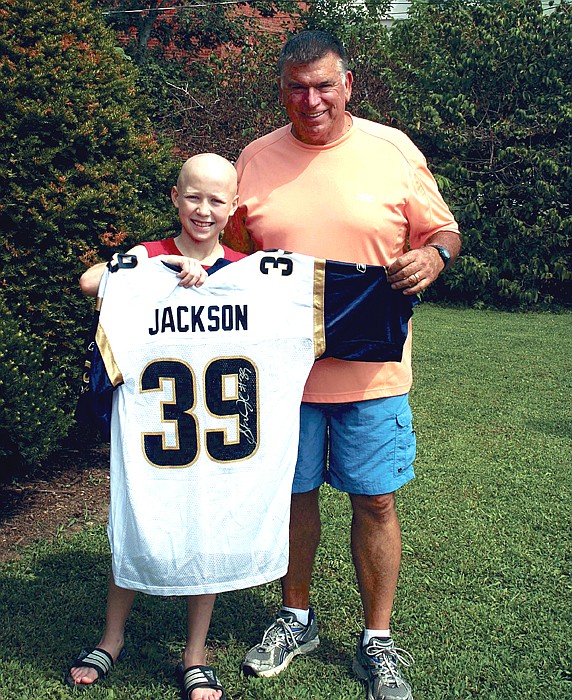 Jordon Geiser, 10, was presented an authentic Steven Jackson (running back for the St. Louis Rams) jersey Sunday afternoon by California Schools Athletic Director Bob Staton. Jordon was diagnosed with Lymphoma July 13.