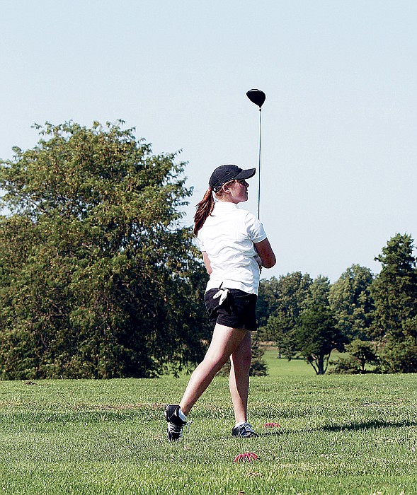 California's Rylee Glenn tees off at the Lady Pintos' practice match Aug. 23 at the California Country Club.