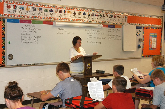 Seventh grade English teacher Mona Berry before a class at California Middle School. She  comes to California from the Gayle Middle School, Stafford, Va.