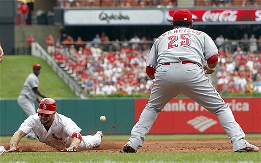 St. Louis Cardinals' Skip Schumaker, left, is safe at second on a single by teammate Daniel Descalso as Cincinnati Reds third baseman Juan Francisco, right, waits for the throw during the second inning of a baseball game on Sunday, Sept. 4, 2011, in St. Louis. Descalso went on to second on the throw.