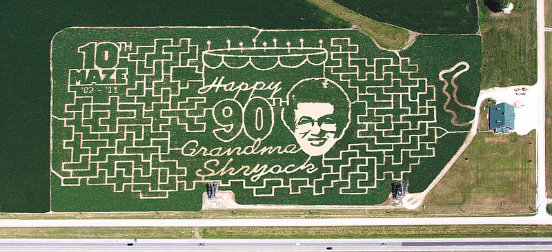 Shryock's Corn Maze celebrates 10 years with design of Verna Shryock who turned 90 in July. The maze opens Friday.