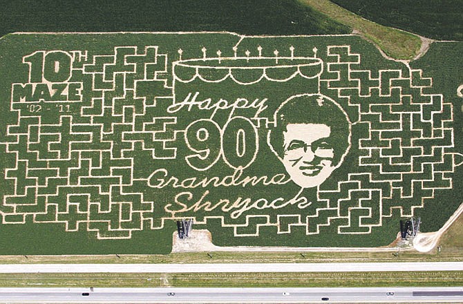 Shryock's Corn Maze celebrates 10 years with design of Verna Shryock who turned 90 in July. The maze opens Friday.